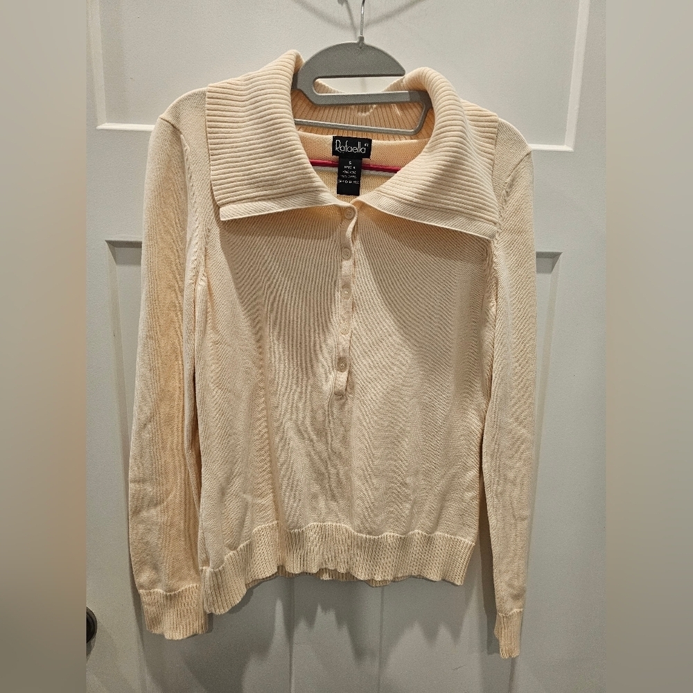 Rafaella Cream Collared Cotton Knit Sweater Women’s Small – Classic Ribbed Pullo
